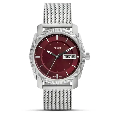 Fossil Machine Three-Hand Day-Date Stainless Steel Mesh Watch